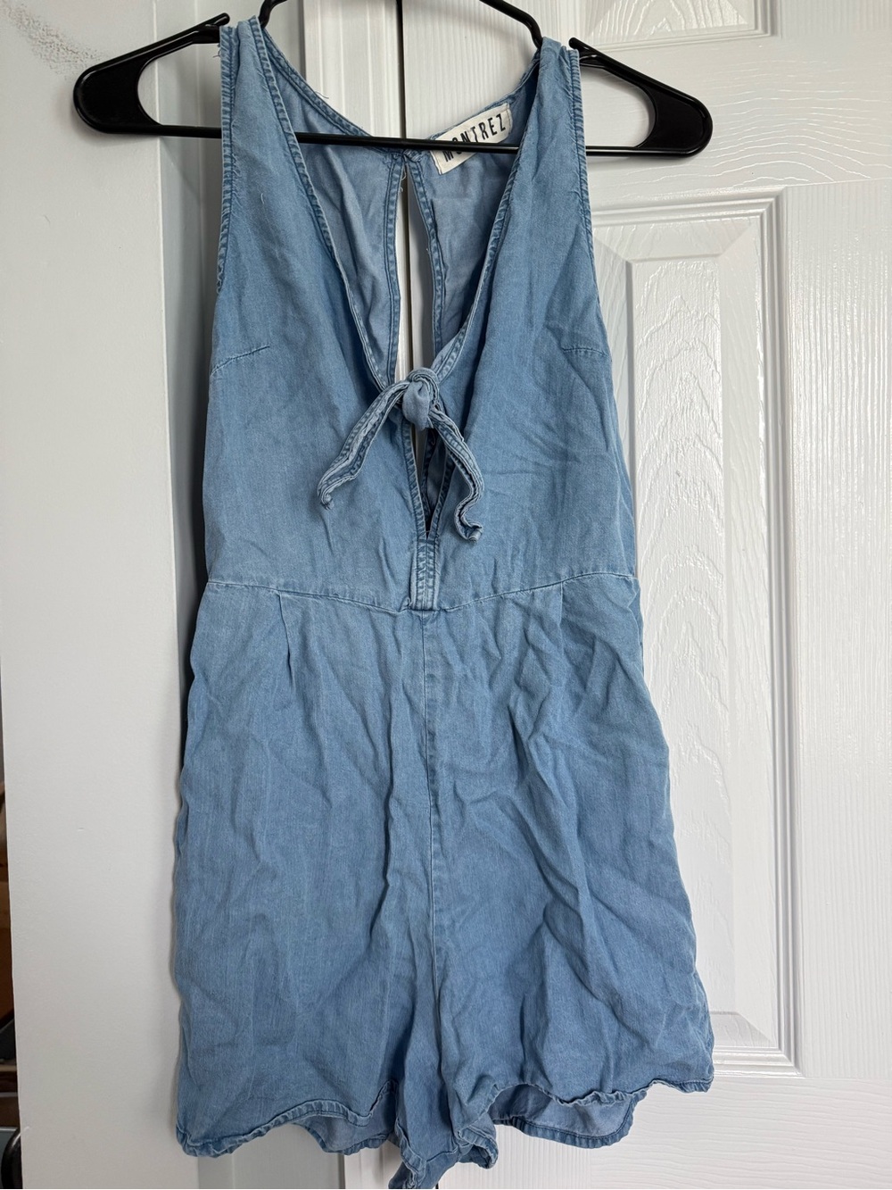 Light Blue Denim Look Tie-Front Romper Jumpsuit